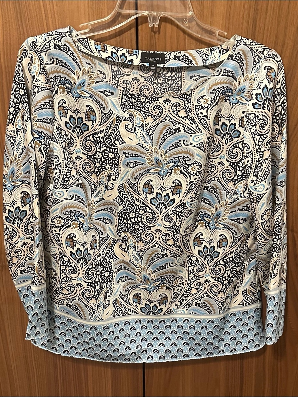 Talbots Cream and Light Blue Paisley Long Sleeve Boatneck Top